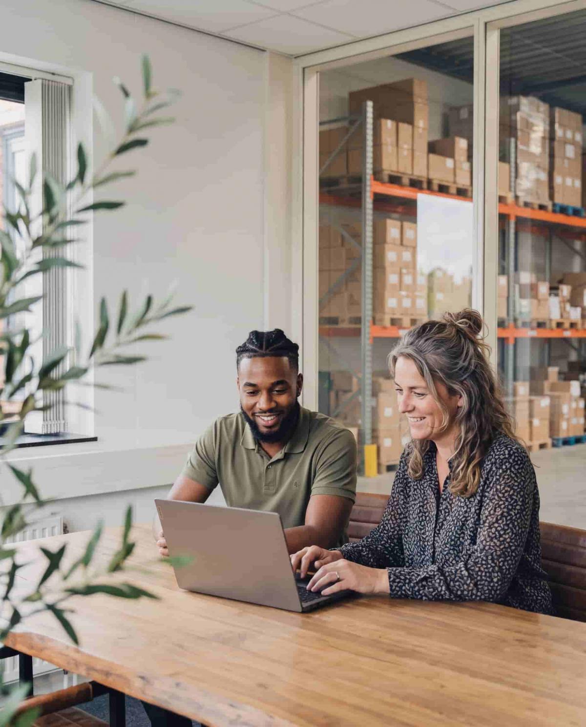 Groothandels binnen- en buitendienstmedewerker achter laptop