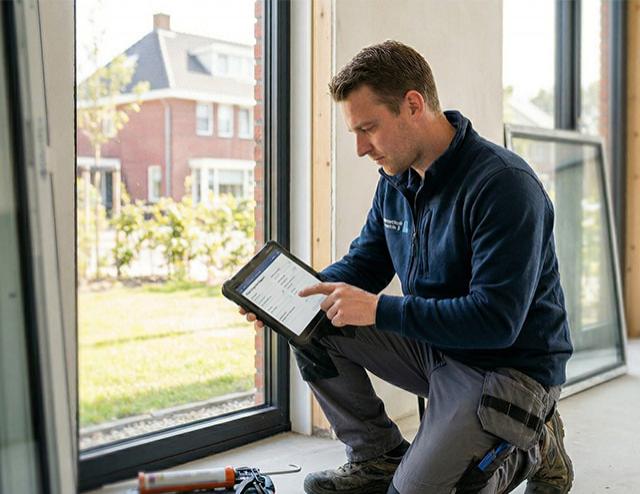 Kozijnenbedrijven monteur met digitale servicebon